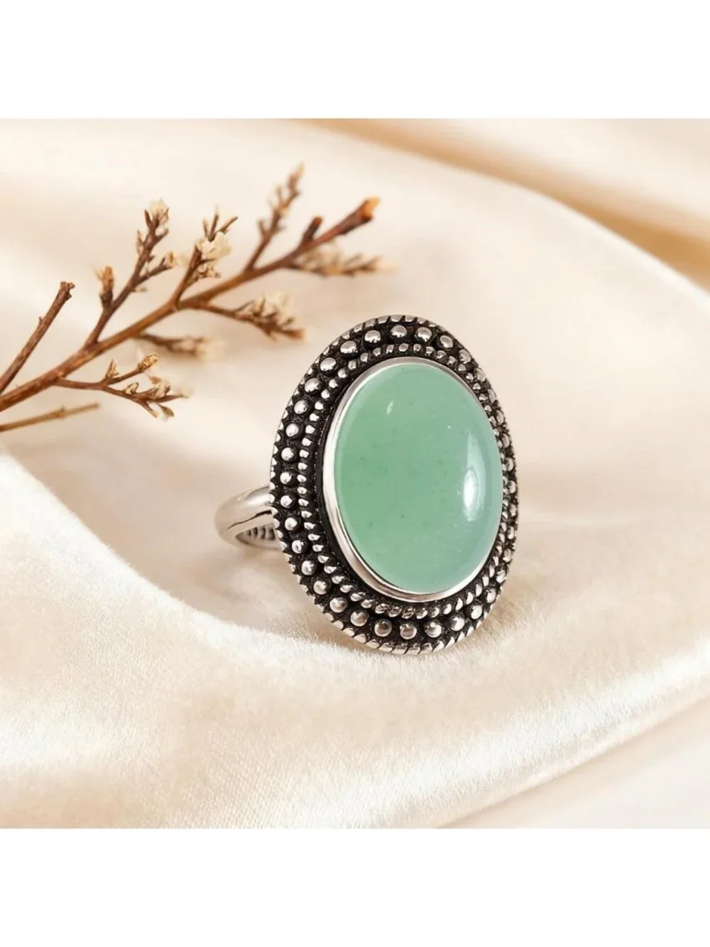 Boho Natural Oval Stone Ring, Antique S925 Silver Crystal Quartz Gemstone